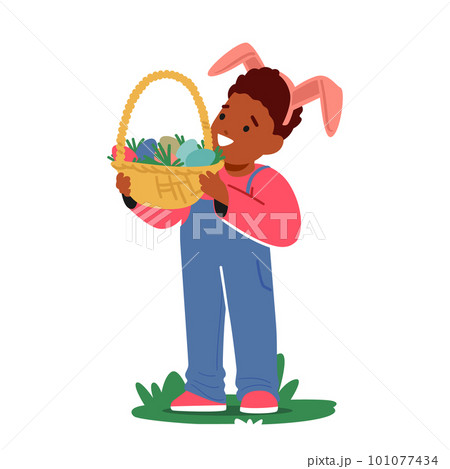Little Boy Wearing Rabbit Ears Holding Basket Full Of Colorful Easter Eggs. Joy And Innocence Of Childhood Concept 101077434