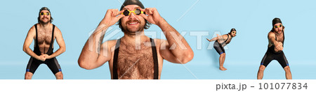 Set of image of funny bearded man in swimsuit, goggles and swimming cap emotionally posing against blue background. Lifestyle and emotions Set of image of funny bearded man in swimsuit, goggles and swimming cap emotionally posing against blue background. Lifestyle and emotions 101077834