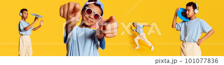Set of images of little african boy in stylish casual clothes dancing, listening to music and having fun against yellow background Set of images of little african boy in stylish casual clothes dancing, listening to music and having fun against yellow background 101077836