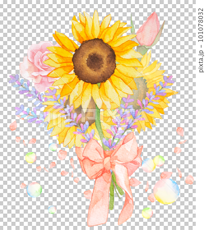 Watercolor botanical bouquet of sunflowers and roses 101078032