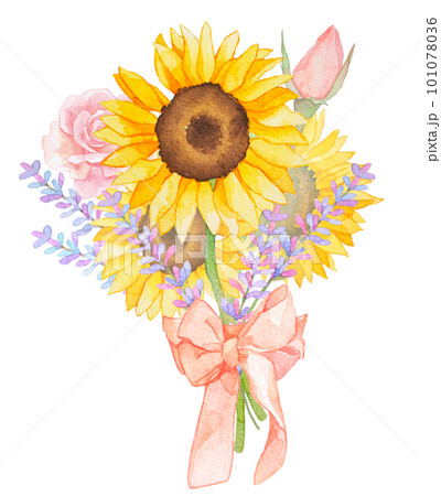 ひまわりとバラの水彩ボタニカルブーケ 101078036