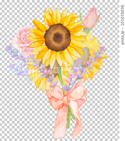 ひまわりとバラの水彩ボタニカルブーケ 101078036