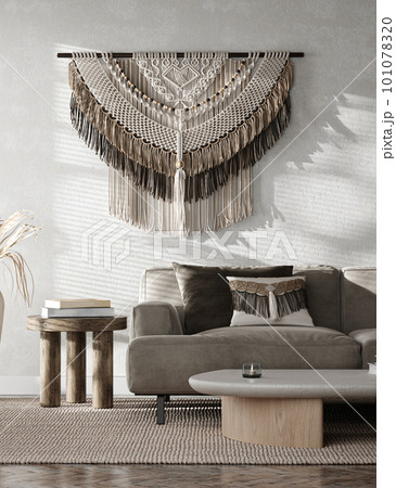 Contemporary classic white beige interior with furniture, dry leaves in vase and decor. 3d rendering illustration mockup. High quality 3d illustration 101078320