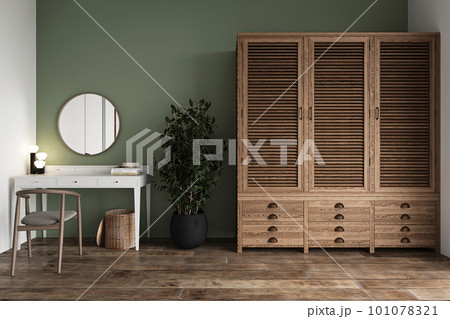 Realistic blank empty space on stylish modern dressing table for beauty make up cosmetic skincare with round mirror. 3d rendering. High quality 3d illustration 101078321