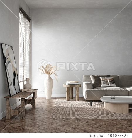Interior of contemporary decorative farm living room with wooden furniture. Hipster home with pastel sofa and coffee table. Template gray mockup wall. 3d rendering. High quality 3d illustration 101078322
