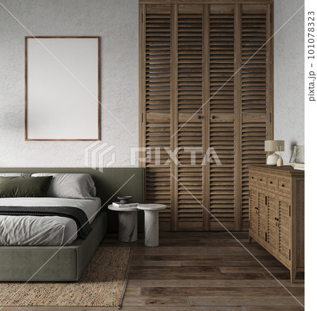 African ethnic style bedroom interior design apartment. Bed with dark green color blanket. Rustic simple mockup space. Hipster loft background image. 3d render. High quality 3d illustration 101078323