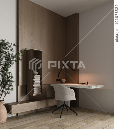 Home interior office with marble table, wood panel wall, chair and decor in minimalism style cabinet. Many books and minimalist modern lamp. 3d rendering. High quality 3d illustration 101078329