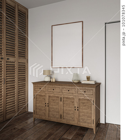 Contemporary light gallery room interior with wooden dresser and art decoration. Mock up canvas rectangular picture poster. 3d rendering. High quality 3d illustration 101078345