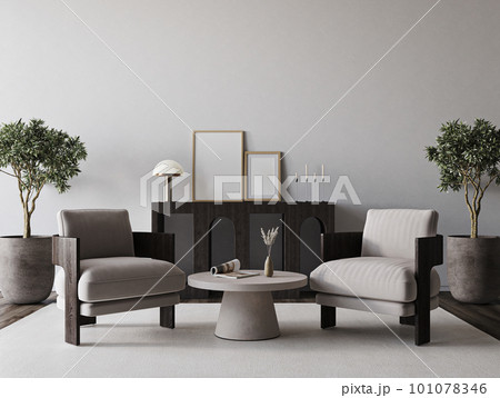 Retro and minimalist compositon of livingroom interior design with armchair, lamp. Mock up template white poster wall. Modern home decor. 3d rendering. High quality 3d illustration 101078346