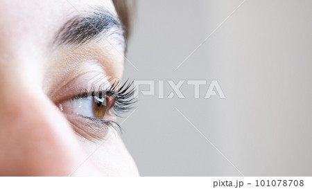 Close-up of a woman's eye after an eyelash lamination procedure.  101078708