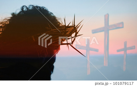 Christ Portrait with crown of thorns and Three Crosses On Calvary Hill 101079117