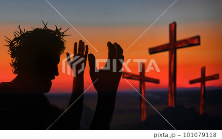 Christ Portrait with crown of thorns and Three Crosses On Calvary Hill 101079118
