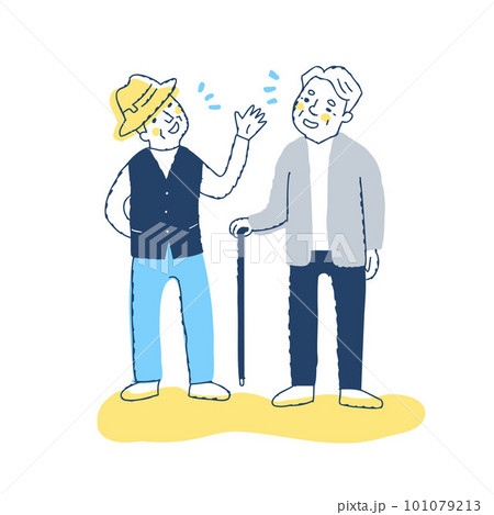 楽しそうに立ち話をしているシニア男性2人 101079213