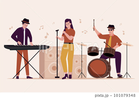 Flat design of jazz band group on stage. Illustration for websites, landing pages, mobile applications, posters and banners. Trendy flat vector illustration 101079348