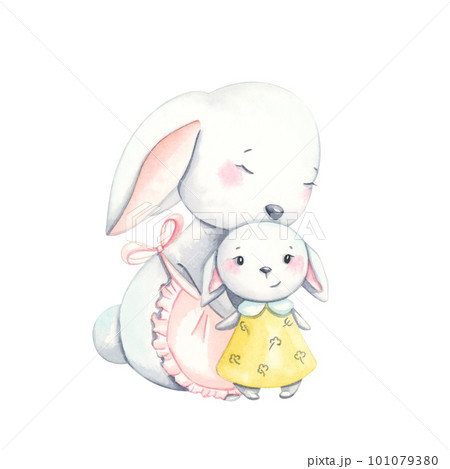 Cute watercolor hares - mom and her kid. Cute watercolor hares - mom and her kid. 101079380