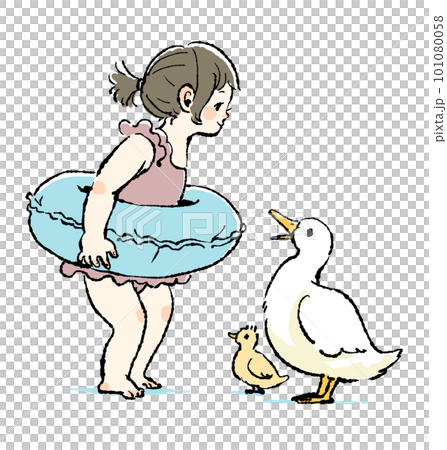 女孩穿浮環泳衣和鴨子的親子插畫 101080058