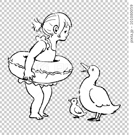 A monochrome illustration of a girl wearing a swimsuit with a float and a parent and child of a duck 101080059