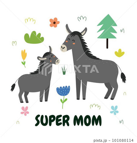 Super Mom print with a cute mother donkey and her baby foal. Funny animals family card 101080114