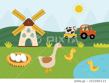 On the farm poster with a cute goose and her baby goslings. Windmill, tractor, a pond on a green meadow 101080115
