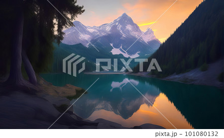 Sunset at mountain lake, a magnificent display of natural beauty. Generative AI. 101080132