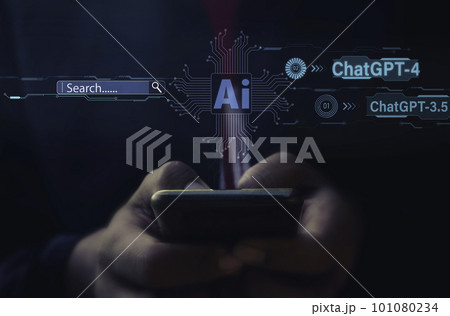 Ai or Artificial Intelligence.Young businessman with ChatGPT Chat for searching data management. ChatGPT or chatbot developed by OpenAI. Photo concept of Ai and technology. Ai or Artificial Intelligence.Young businessman with ChatGPT Chat for searching data management. ChatGPT or chatbot developed by OpenAI. Photo concept of Ai and technology. 101080234