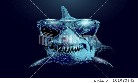Ocean shark in sunglasses. Open toothy dangerous mouth with many teeth. Underwater blue sea waves clear water shark swims forward. 101080345