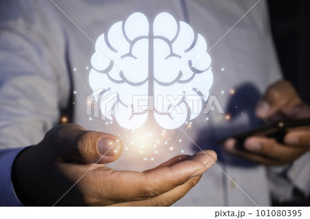 Hand holding human head with a line brain network technology for global.Data in the global computer social.Digital data,ai,science.Vector Technology background and Artificial intelligence concept. 101080395
