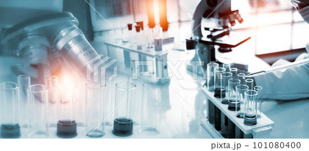 Double exposure microscope and Young woman scientific using equipment in the laboratory for research.Biotechnology,development,chemical,vaccine,COVID-19. Photo concept experimentation and research. 101080400