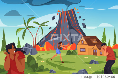 Volcanic eruption disaster, vector illustration or image. Landscape of natural catastrophe with magma ejection and gas clouds. Countryside settlement destruction or damage. Scared people. Island scape 101080466