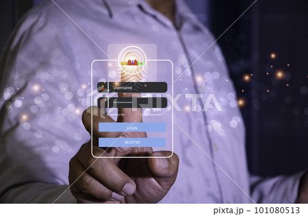 User typing login and password.Hand man use fingerprint for log in to enter login and password.sign in page,User profile,Information privacy,Internet.photo Cyber protection and technology concept. User typing login and password.Hand man use fingerprint for log in to enter login and password.sign in page,User profile,Information privacy,Internet.photo Cyber protection and technology concept. 101080513