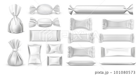 Realistic wrap or pack for food packaging. Set of isolated wrapper for sugar and confectionary. Sachet for salt and bag for sweet. Mockup and closeup products for snack packing, retail theme. Realistic wrap or pack for food packaging. Set of isolated wrapper for sugar and confectionary. Sachet for salt and bag for sweet. Mockup and closeup products for snack packing, retail theme. 101080573