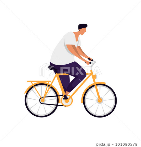 Bicyclist or man rider on bicycle vector image. Flat illustration of bicycler or biker, cyclist or wheelman. Male biking outdoor, adult guy doing exercise. Cartoon person on pedal transport. Activity. 101080578