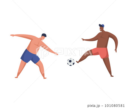 Vector image of cartoon male playing beach soccer. Summer football game illustration. Outdoor activity and men leisure. Fitness and health exercise. Ball player poster. Summer and holiday theme. 101080581