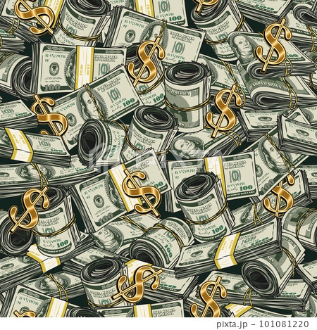 Money seamless pattern with dollar wads, rolls, stacks, gold dollar sign. 100 US dollar banknotes. Huge amount of money. Messy dense composition. Detailed vintage vector illustration. 101081220