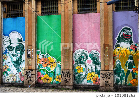 Graffiti street art murals line the streets and back alleys of Rio de Janeiro, Santa Teresa district in Brazil 101081262
