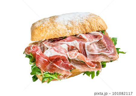 Prosciutto parma ham sandwich on ciabatta bread with arugula. Isolated on white background. Prosciutto parma ham sandwich on ciabatta bread with arugula. Isolated on white background. 101082117