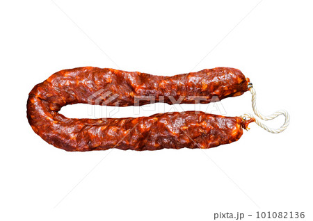 Spanish chorizo pork cured sausage. Isolated on white background. 101082136