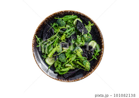 Healthy vegetable salad with fresh leaves of arugula, lettuce, spinach for vegan salad. Isolated on white background. 101082138