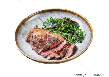 BBQ Roasted Chuck Roll Tender beef steak with salad in plate. Isolated on white background. BBQ Roasted Chuck Roll Tender beef steak with salad in plate. Isolated on white background. 101082143