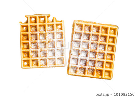 Viennese waffles with powdered sugar in kitchen steel tray. Isolated on white background. Viennese waffles with powdered sugar in kitchen steel tray. Isolated on white background. 101082156