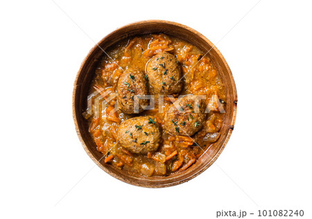 Cutlets or Fish balls with tuna in tomato sauce. Isolated on white background. 101082240