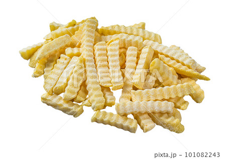 Frozen Crinkle French fries potatoes sticks. Isolated on white background. 101082243