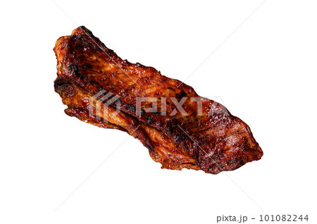 Sliced Grilled veal short spare rib meat with butcher knife. Isolated on white background. 101082244