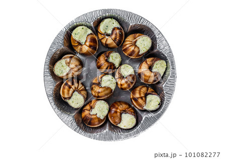 Bourgogne Escargot Snails with garlic butter. Isolated on white background. 101082277