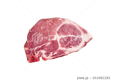 Pork neck steak from raw meat on marble board with herbs. Isolated on white background. Pork neck steak from raw meat on marble board with herbs. Isolated on white background. 101082283