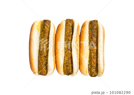 Vegan hot dog with meatless Vegetarian sausage. Isolated on white background. Vegan hot dog with meatless Vegetarian sausage. Isolated on white background. 101082290