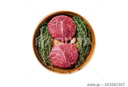 Fresh meat Fillet Mignon steaks from beef tenderloin. Isolated on white background. 101082307