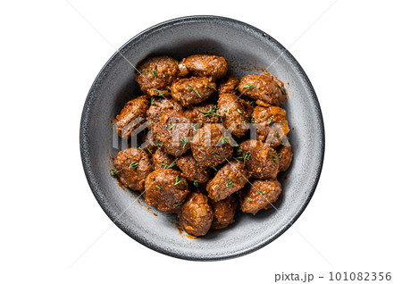 Fried Meatballs in tomato sauce from ground beef and pork meat. Isolated on white background. Fried Meatballs in tomato sauce from ground beef and pork meat. Isolated on white background. 101082356