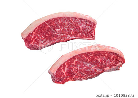 Raw cap rump or top sirloin beef meat steak. Isolated on white background. 101082372