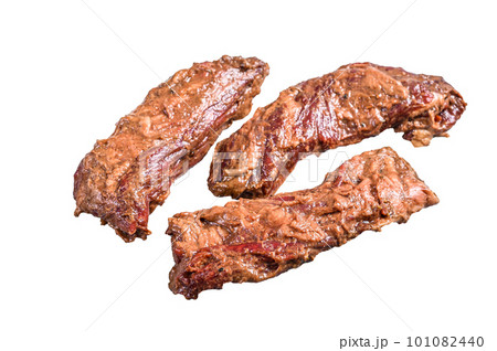 Raw and marinated brisket steaks. Isolated on white background. 101082440